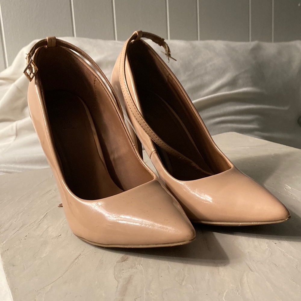 Blush pointed toe ankle strap heels
